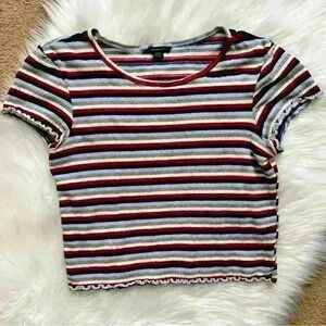 American Eagle Outfitters Cropped Ruffle Hem Striped Tee Small